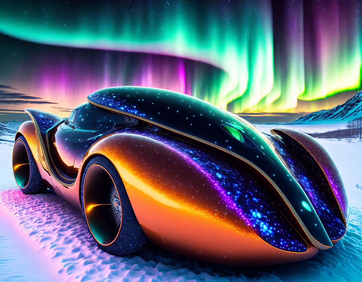 Futuristic car with galaxy paint theme in snowy twilight landscape