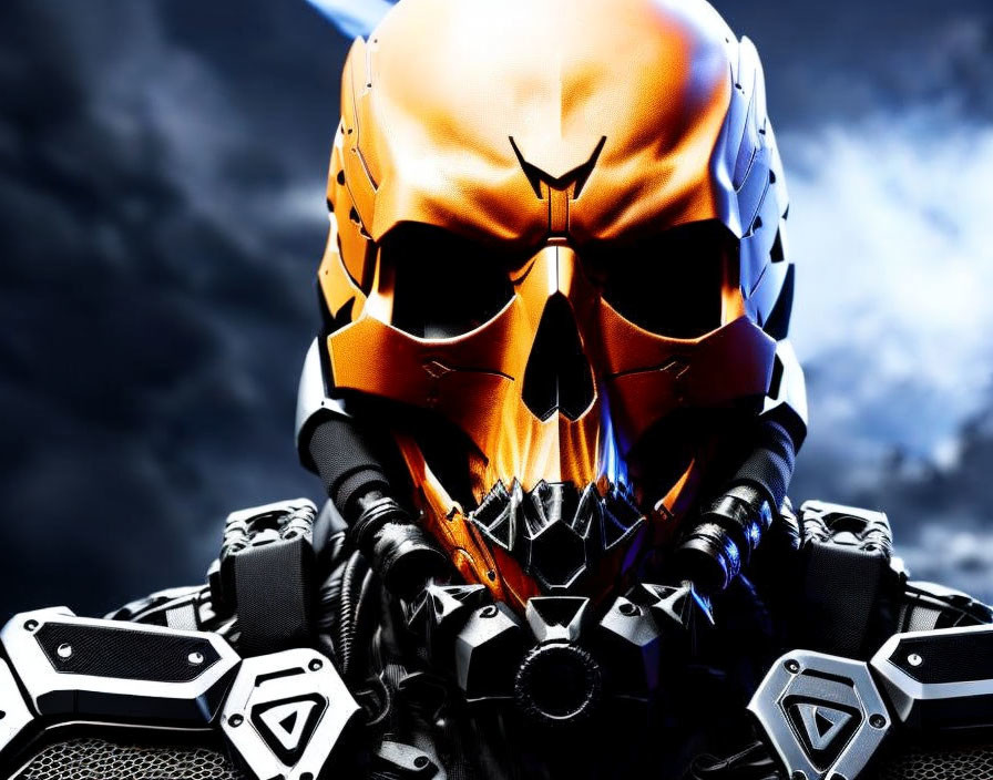 Metallic humanoid figure with orange mask and intricate armor on dark blue background