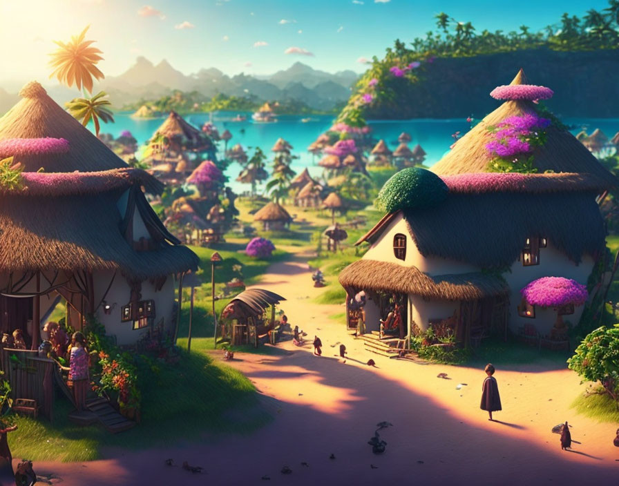 Scenic village with thatched-roof cottages, lush greenery, and purple trees by mountains