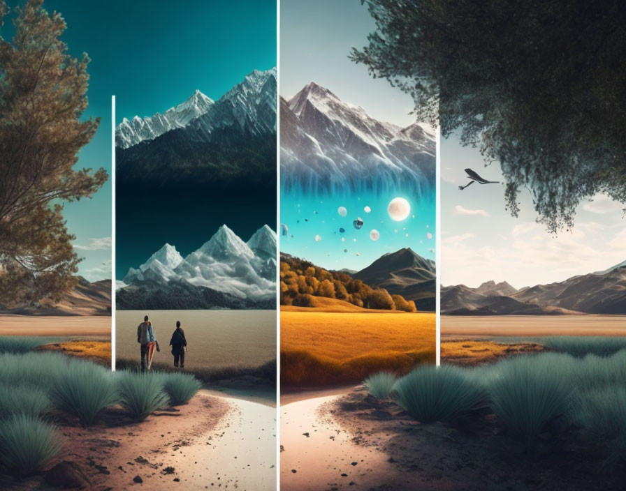 Four-panel composite image of couple in surreal landscapes & celestial scene.