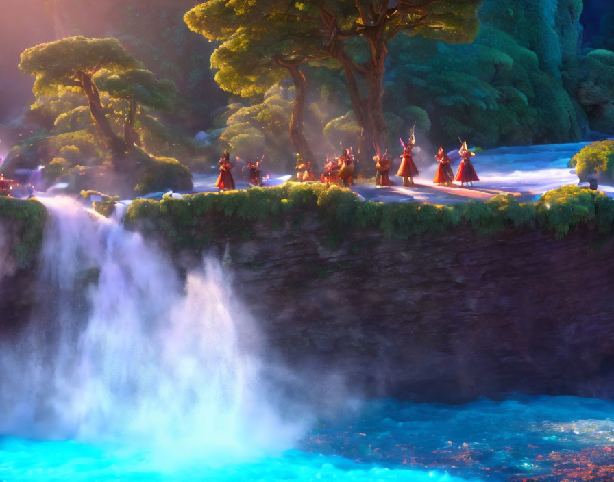 Animated characters in red perform ritual dance near vibrant waterfall