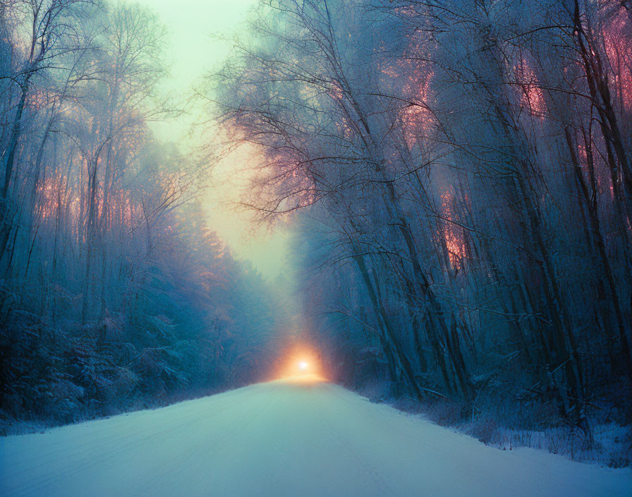 Snowy Road Through Dense Twilight Forest: Headlights Glow in Blue Mist