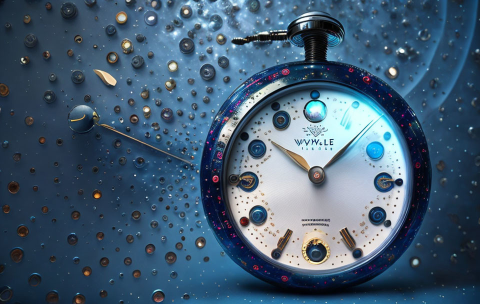 Luxurious Blue Face Watch with Intricate Detailing and Water Droplets