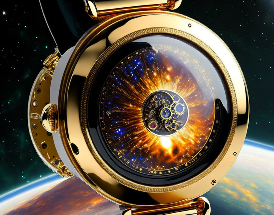 Luxurious Gold-Toned Mechanical Pocket Watch with Transparent Face and Cosmic Imagery