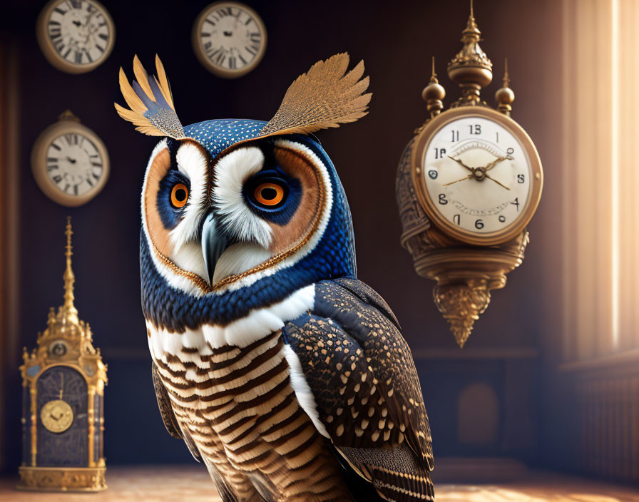 Anthropomorphic owl with expressive eyes next to ornate golden clock in room with vintage timepieces