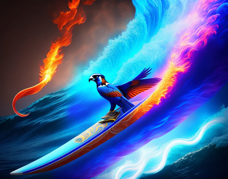 Colorful Stylized Phoenix Surfing Wave with Fiery and Icy Elements