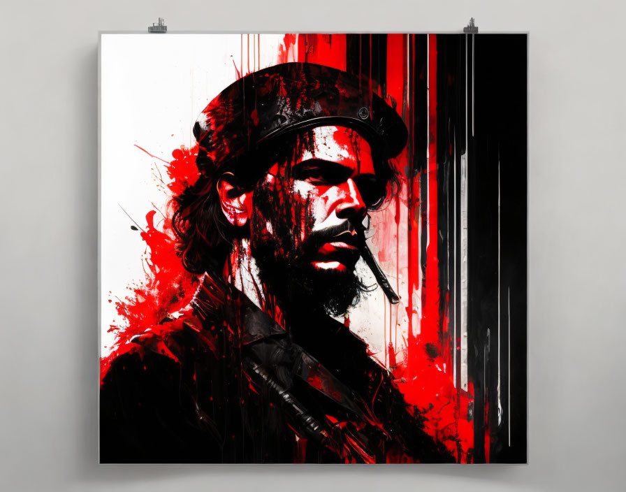 Man with Beard and Hat in Stylized Art Against Red and Black Background