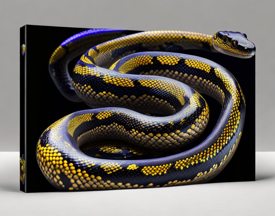 Detailed 3D illustration of coiled snake with yellow and black scales on plain background