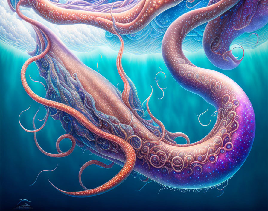 Colorful Octopus Illustration with Cosmic Texture in Serene Underwater Scene