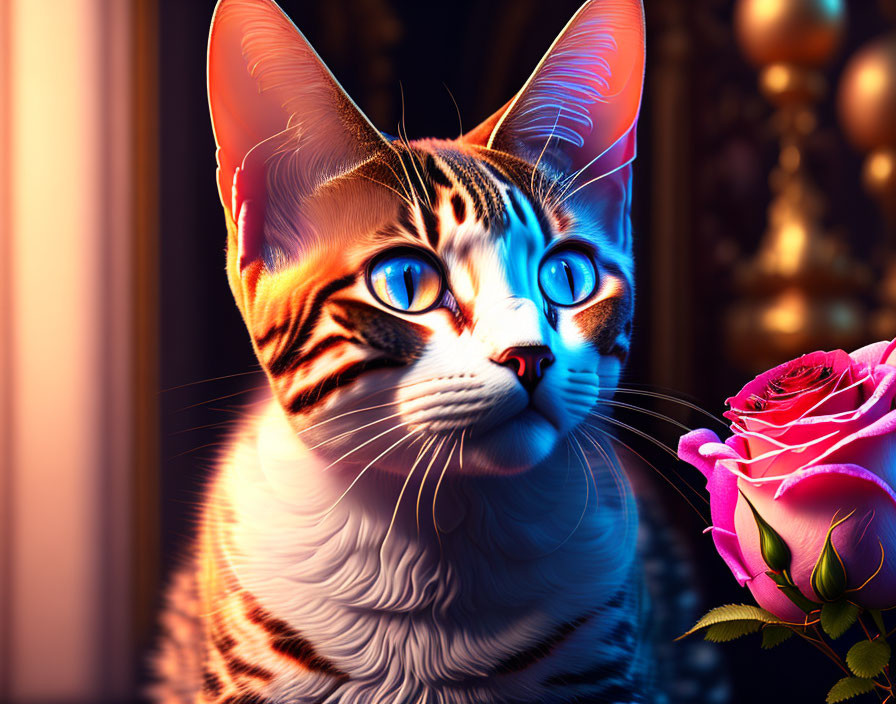 Close-up of cat with blue eyes and rose on warm background