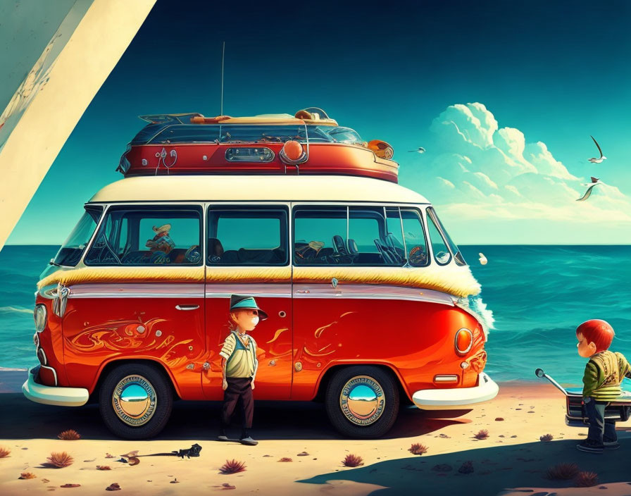 Colorful vintage van seaside scene with child, adult, and seagulls