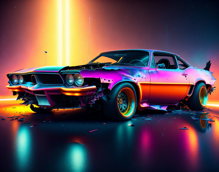 Colorful Classic Car with Neon Lights at Dusk