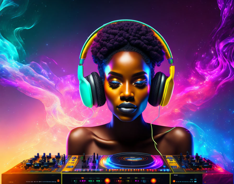 Colorful artwork featuring person in headphones with intense makeup in front of DJ console on neon cosmic background