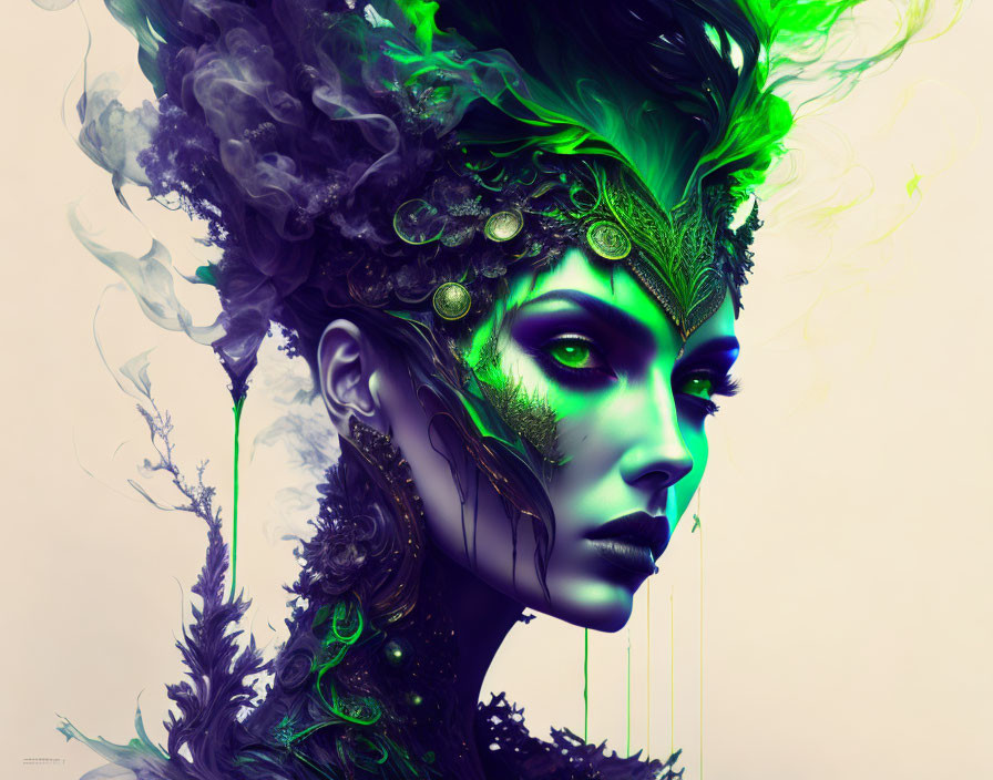 Portrait of woman with green skin and ornate headpiece exuding mystical aura