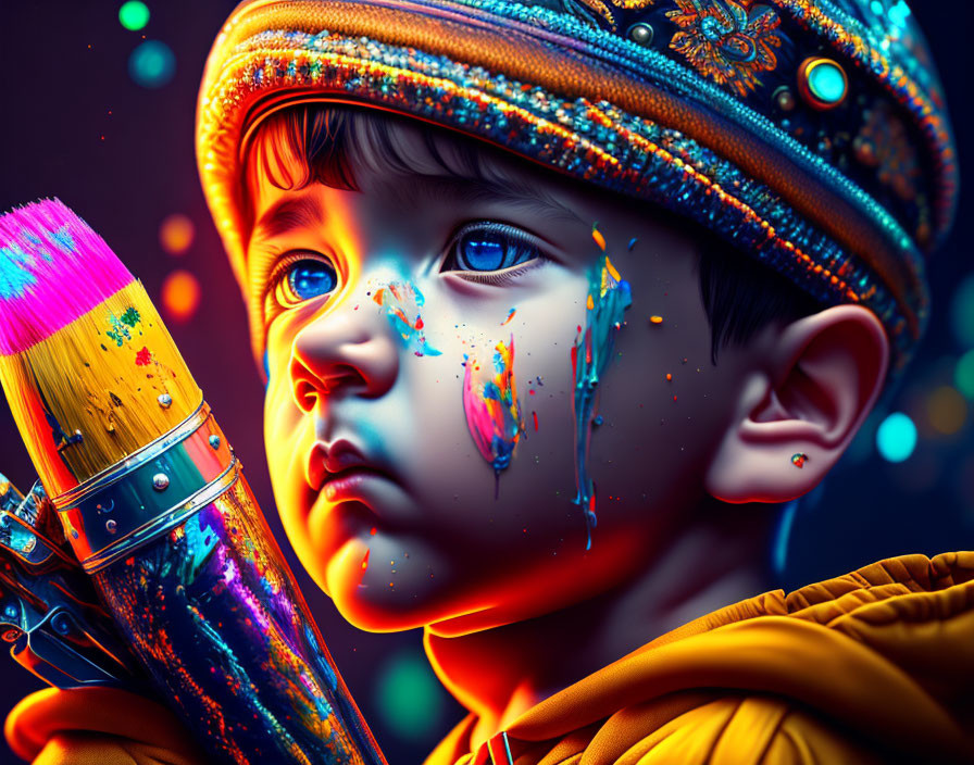 Vibrant Child Portrait with Paintbrush and Colorful Splashes