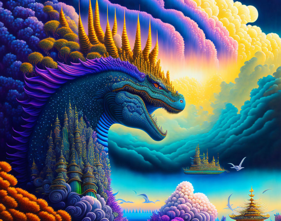 Colorful artwork of majestic blue dragon in fantastical setting