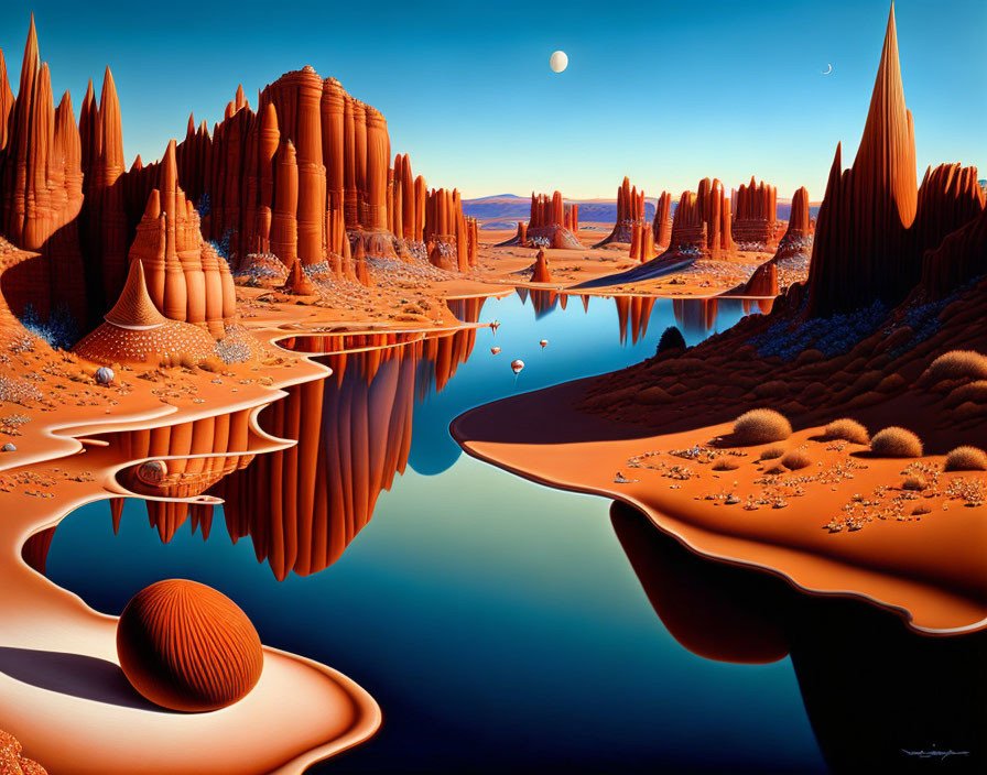 Surreal landscape with orange spires, reflective water, sand dunes, and moon