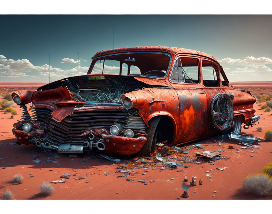 Rusty vintage car abandoned in sandy desert landscape