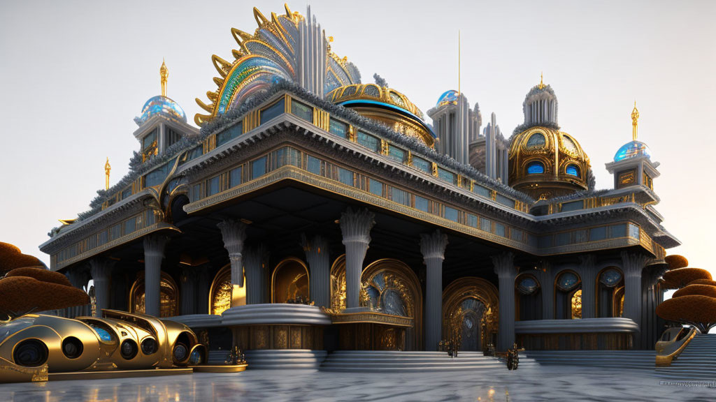 Opulent fantasy palace with golden domes and blue detailing