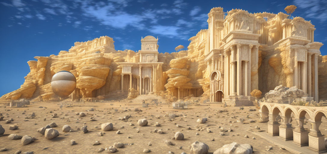 Fantastical ancient desert city with oversized egg-shaped stone art.