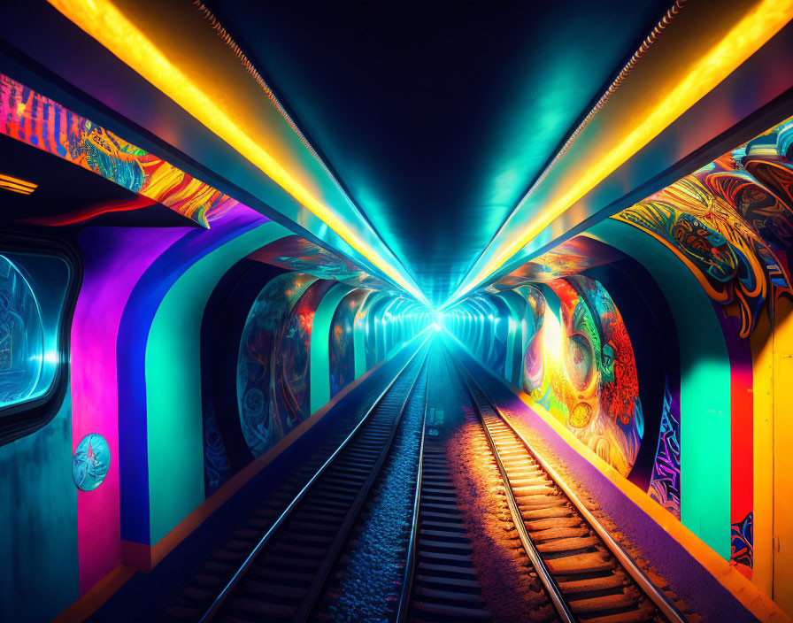 Colorful Subway Tunnel with Neon Lights and Graffiti Art