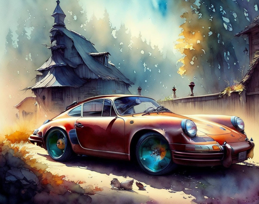 Classic Red Porsche Parked in Front of Rustic Wooden Church with Autumn Leaves & Watercolor Background