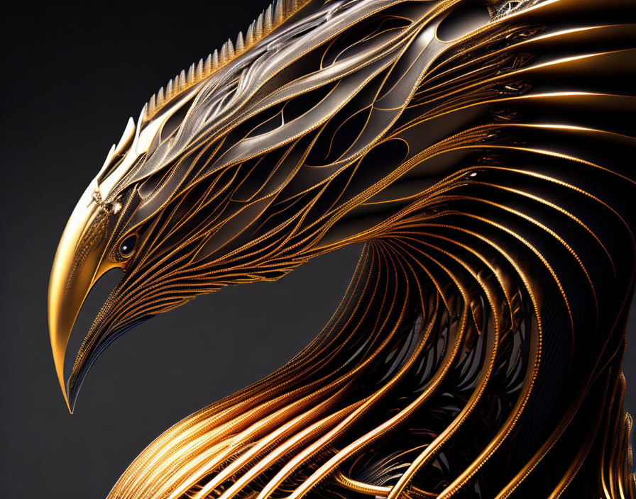 Metallic Eagle Head Sculpture with Gold Feather Details on Dark Background