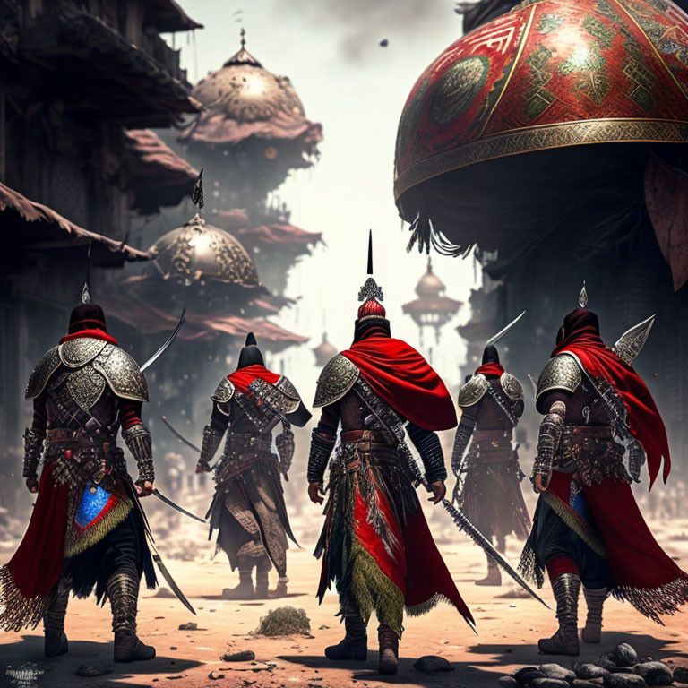 Armored warriors with red capes in ancient cityscape.