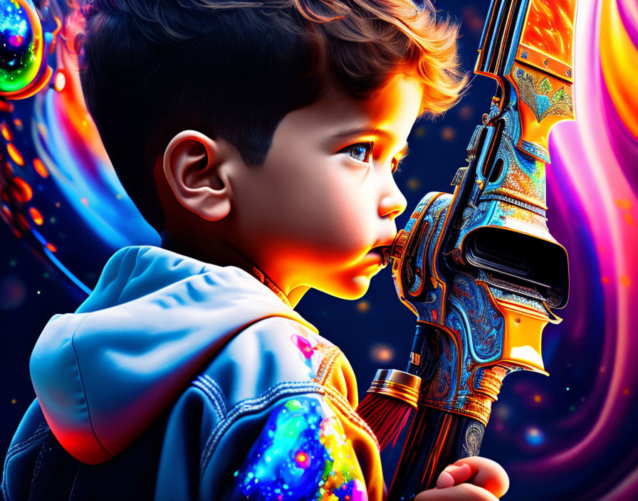 Young boy with colorful toy gun in cosmic background