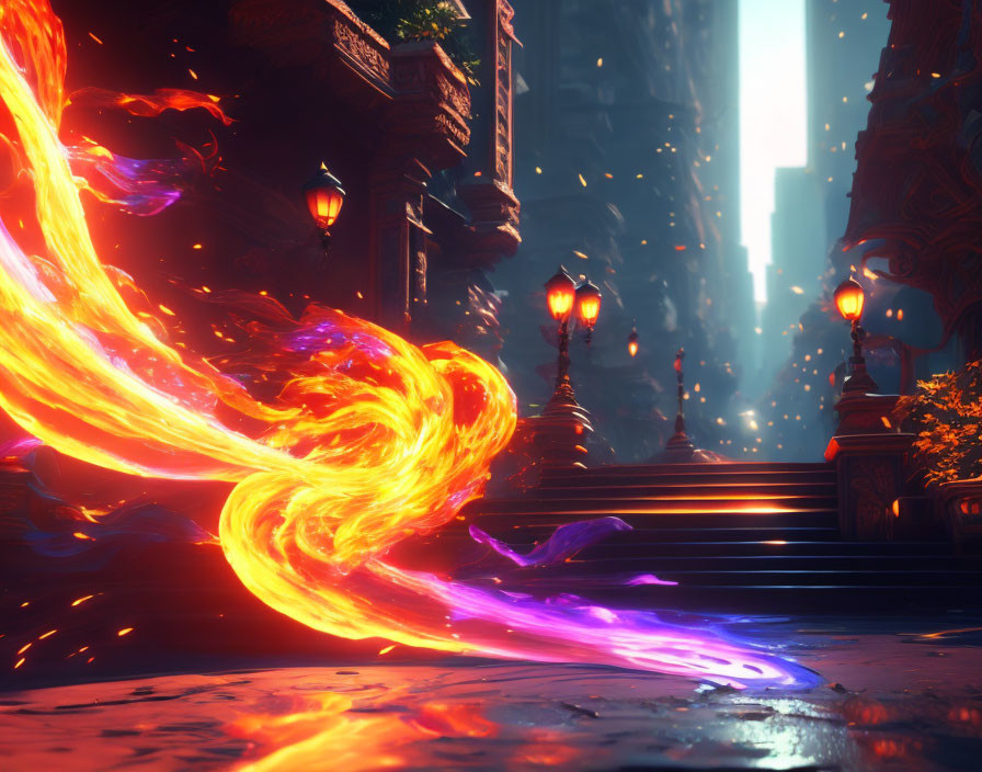 Fiery phoenix in mystical alley with glowing lamps