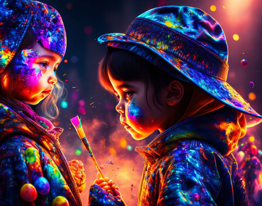 Children with colorful paint on faces and clothes under vibrant backdrop