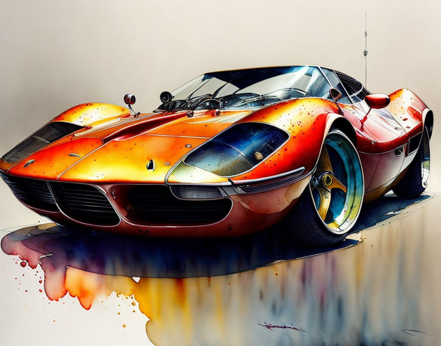 Classic sports car artwork with fiery paint job on glossy surface