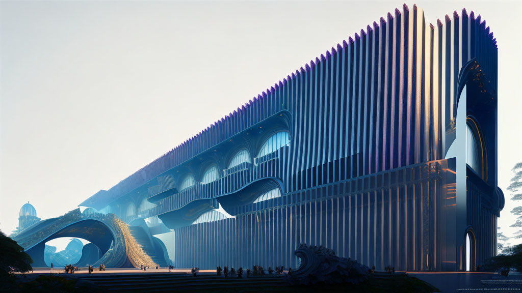 Ribbed futuristic building in blue against twilight sky