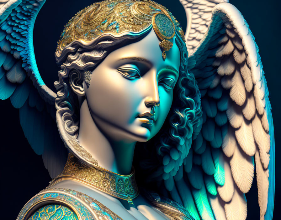 Detailed 3D rendering of angelic figure with golden headdress and vibrant blue skin