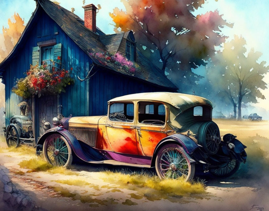 Vintage car parked by rustic blue house with autumnal trees