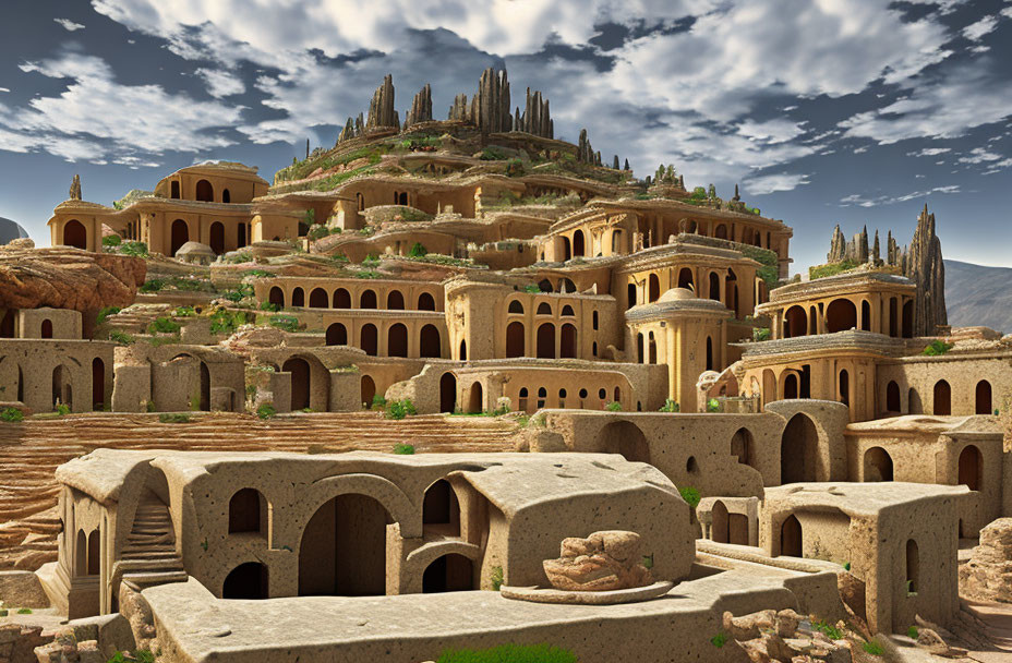 Ancient desert city with terraced clay buildings and castle-like structure