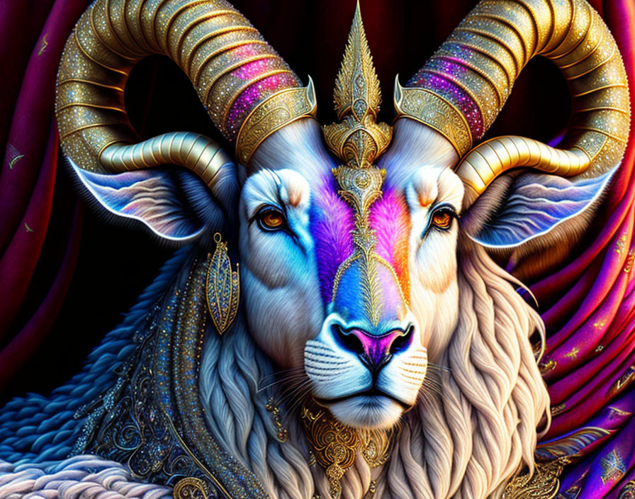 Colorful regal ram illustration with ornate horns and jewelry on purple background