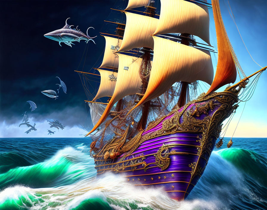 Colorful illustration of purple and gold galleon sailing on stormy seas with mythical fish flying.