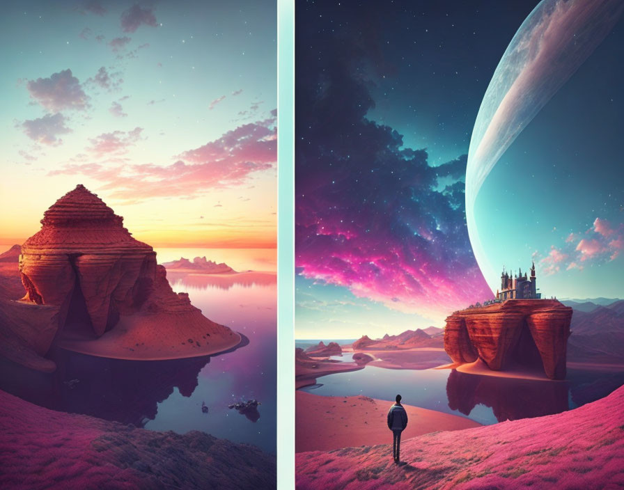 Split-image Artwork: Surreal Landscapes with Pyramid Rock and Fantastical Planet Castle