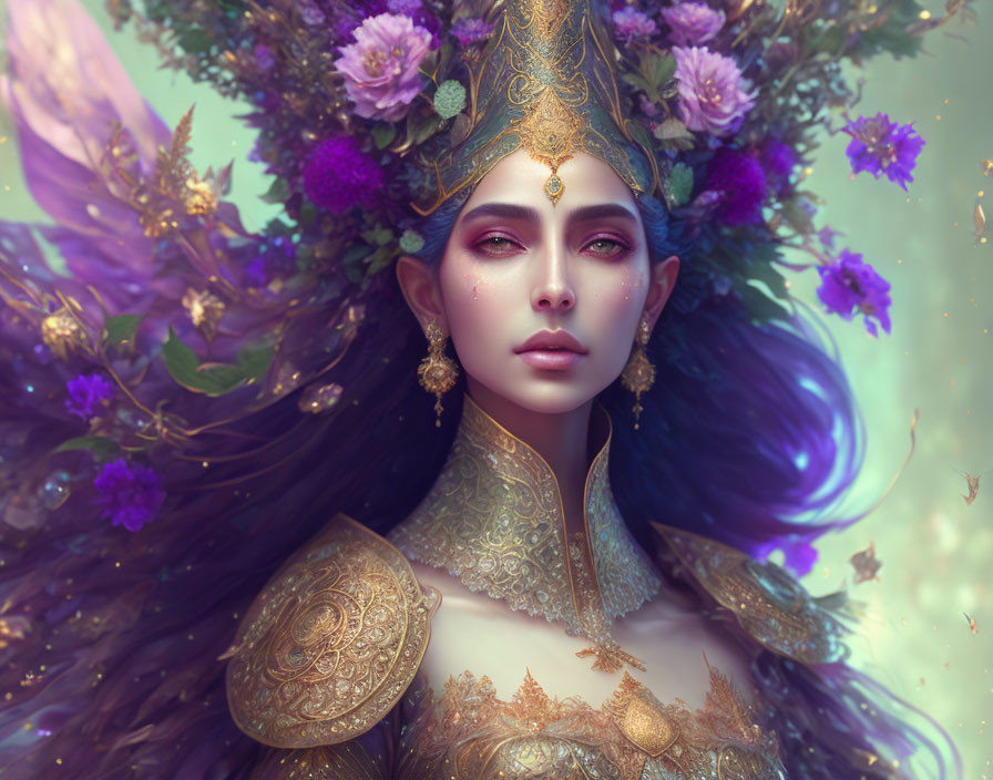 Fantasy portrait of woman with purple hair and ornate headdress.