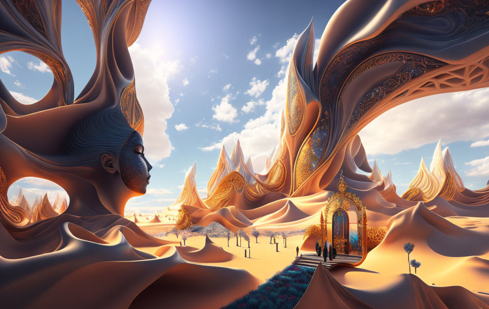 Surreal landscape with flowing structures and humanoid face under vibrant sky