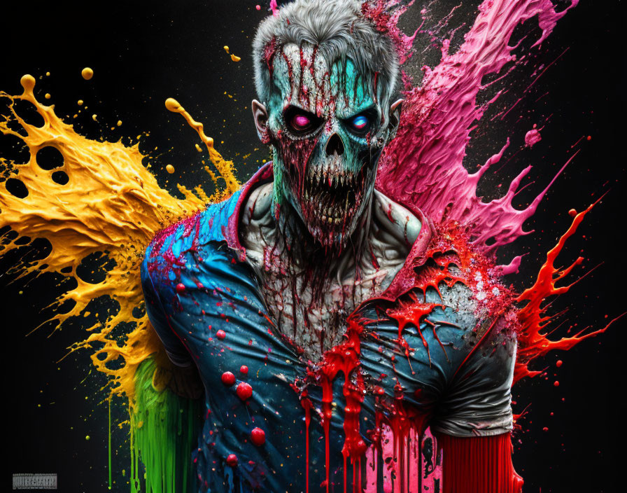 Zombie makeup person splattered with vibrant paint on dark background