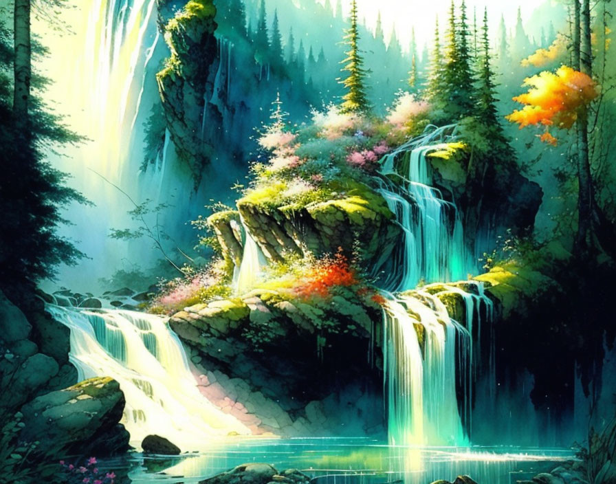 Tranquil forest waterfall with sunbeams