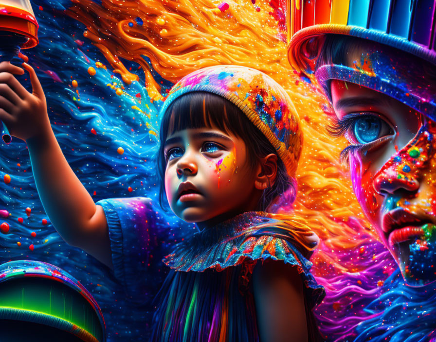 Colorful digital artwork: Two children surrounded by swirling paint splashes