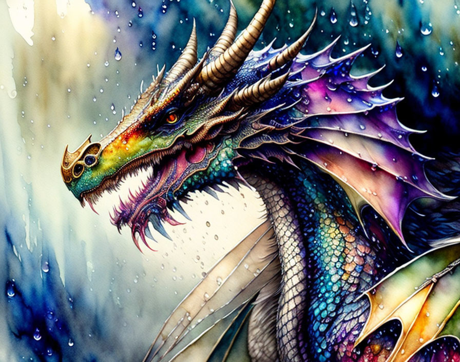 Colorful Dragon with Horns and Frills in Rainy Scene