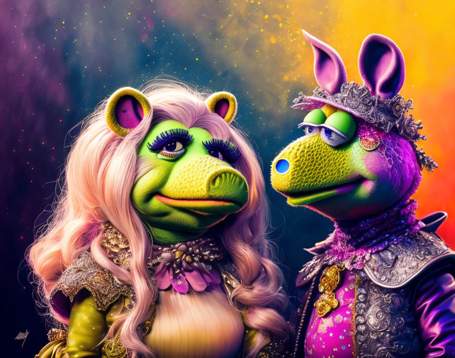 Colorfully Dressed Anthropomorphic Creatures Against Vibrant Nebula Background