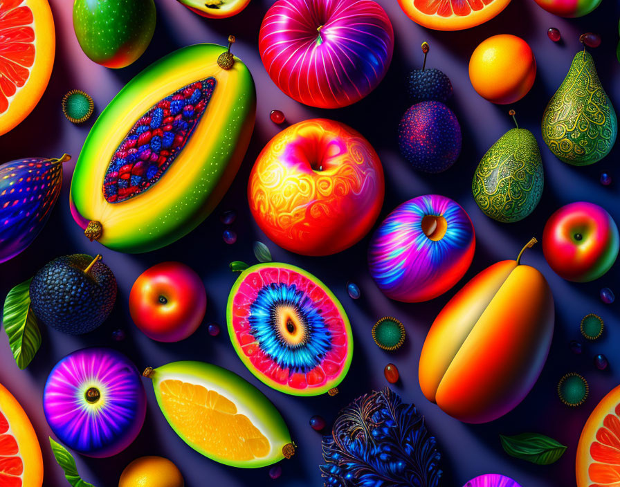 Digitally-Enhanced Surreal Fruits on Dark Background