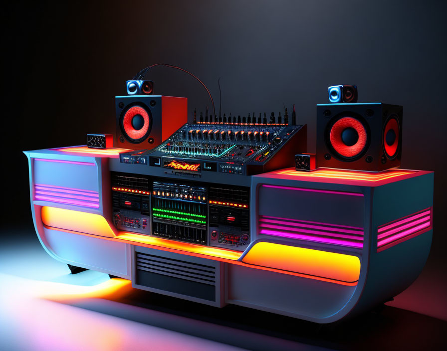 Futuristic DJ booth with vibrant neon lights and modern sound equipment