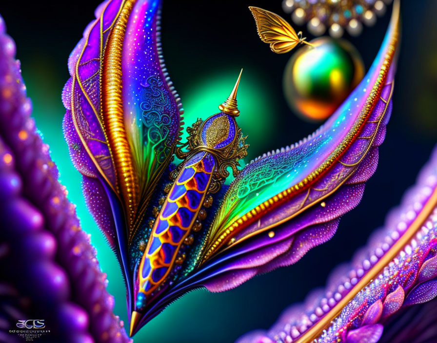 Colorful digital artwork of ornate fantasy creature with iridescent wings