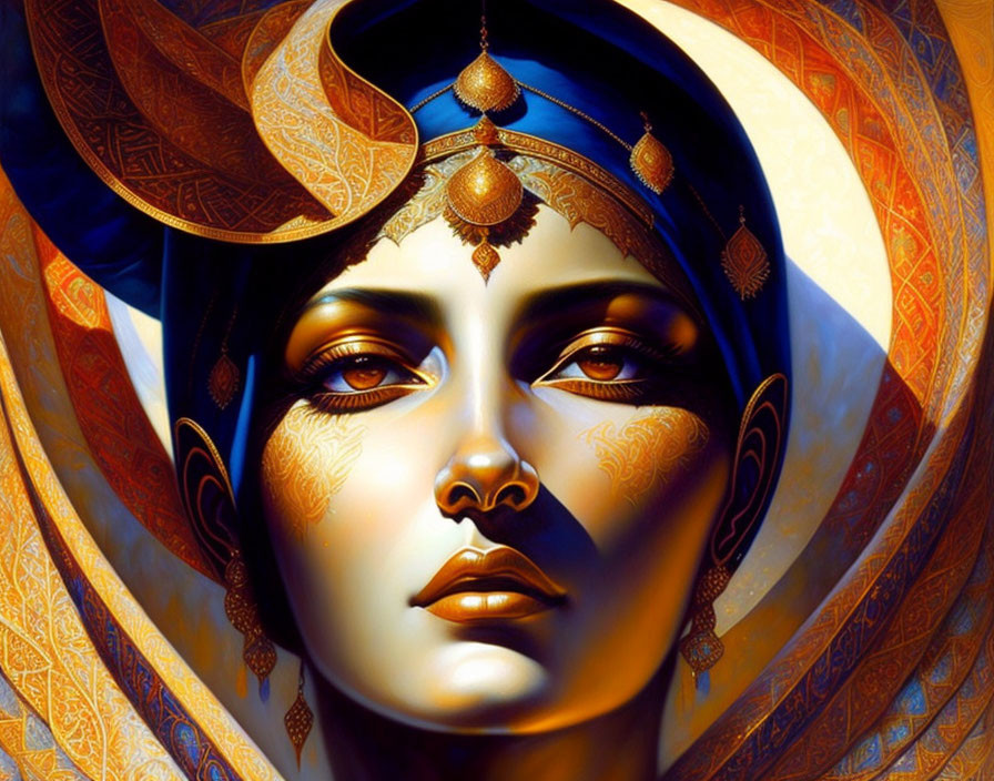 Detailed digital painting of woman in golden headwear and jewelry